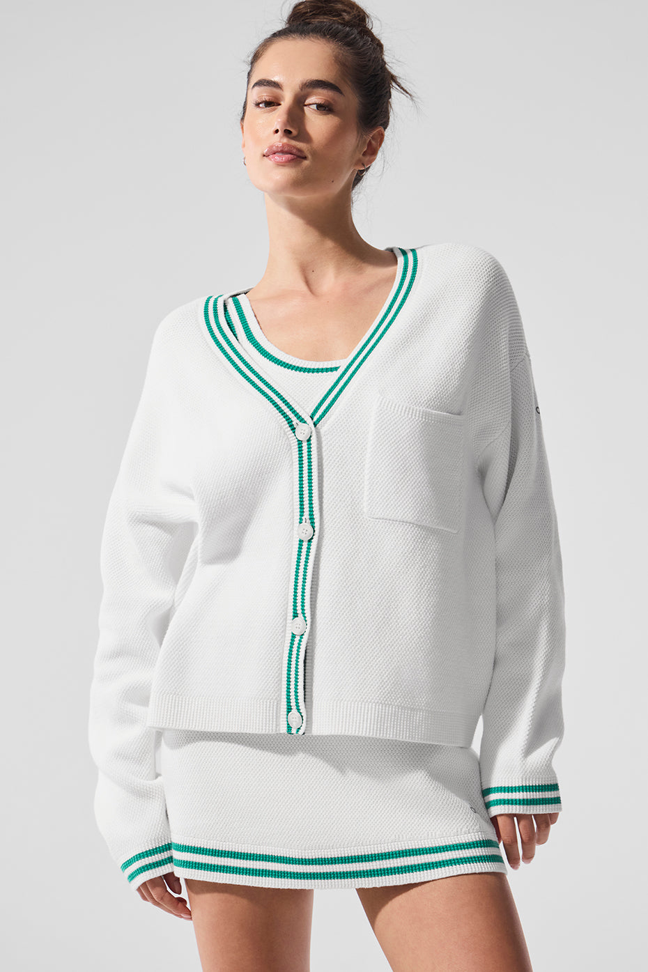 Tennis Club Sweater Knit Cardigan - White/Spruce Green--0