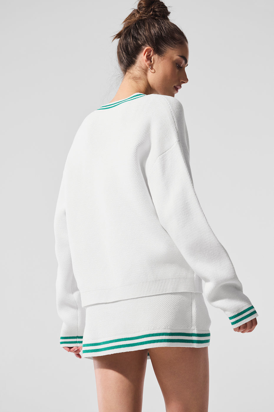 Tennis Club Sweater Knit Cardigan - White/Spruce Green--2