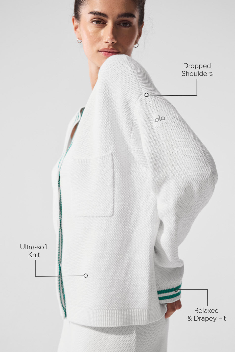 Tennis Club Sweater Knit Cardigan - White/Spruce Green--1
