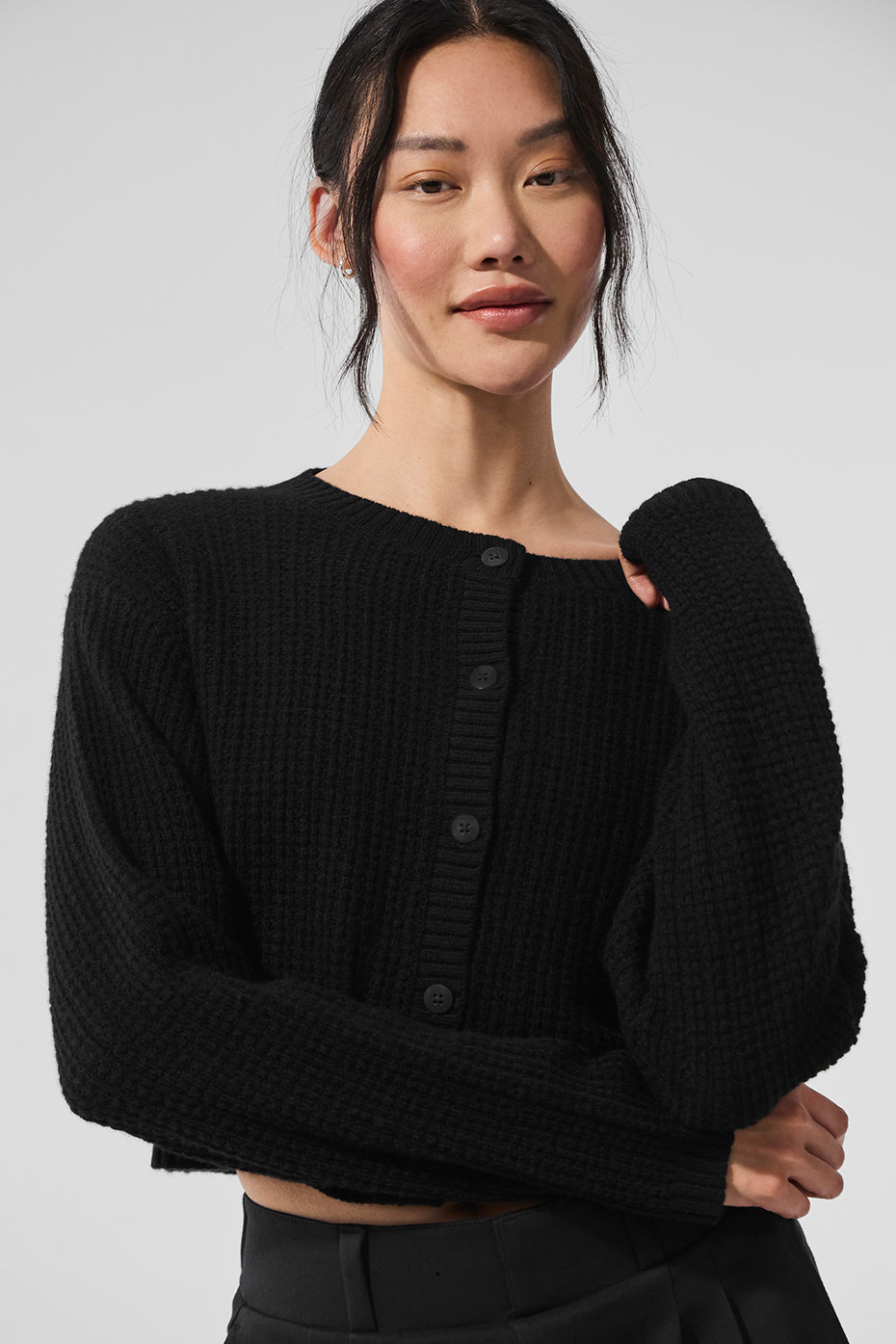 Cashmere Plush Waffle Cardigan - Black--0