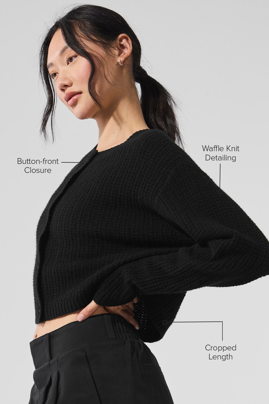 Cashmere Plush Waffle Cardigan - Black--3