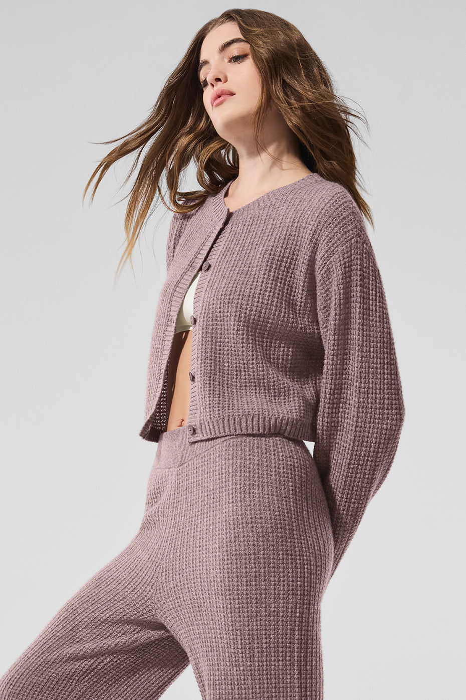 Cashmere Plush Waffle Cardigan - Mushroom Heather--3