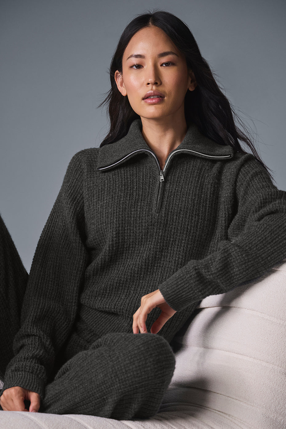 Cashmere Plush Waffle 1/4 Zip Pullover - Dark Heather Grey--0