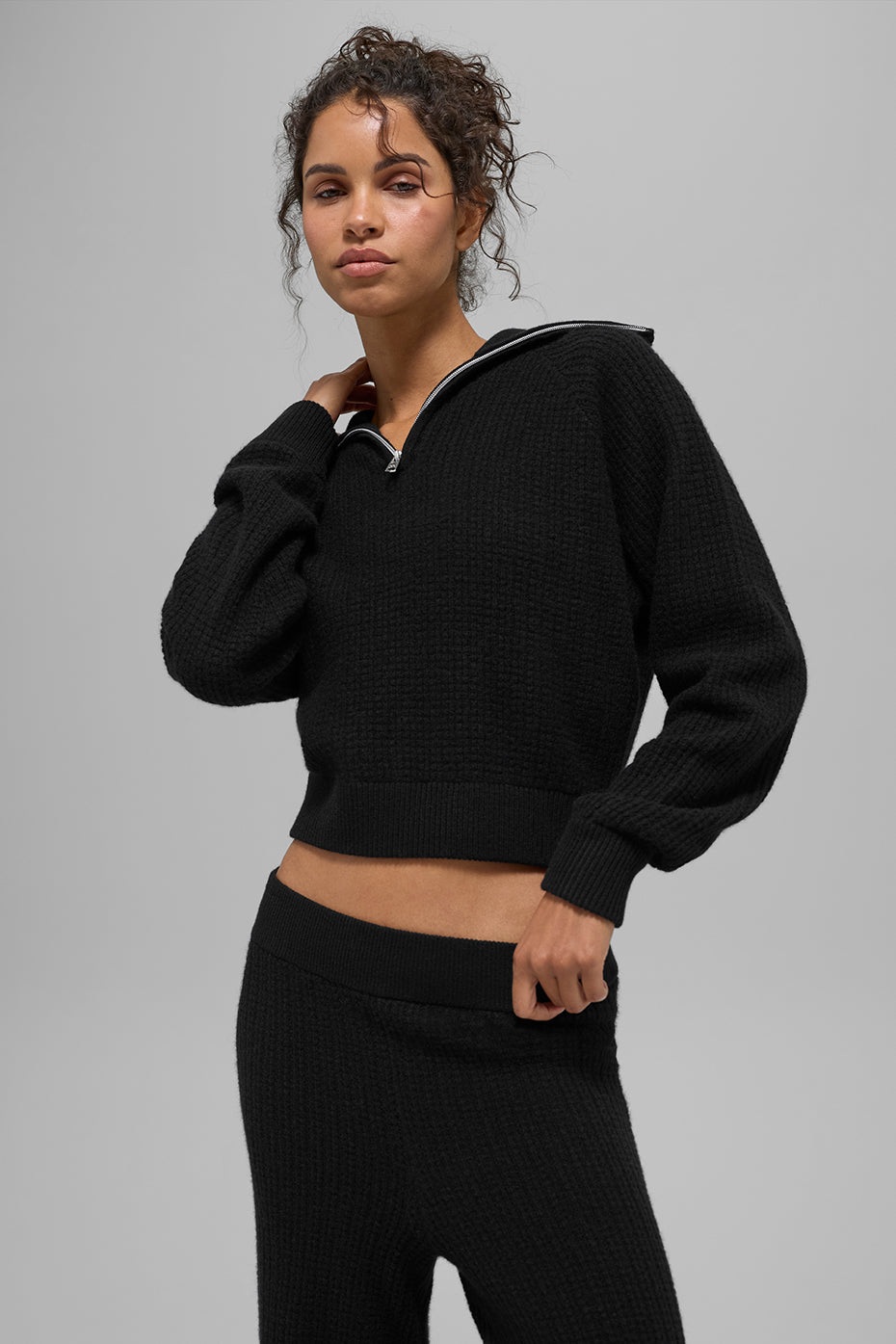 Cashmere Plush Waffle 1/4 Zip Pullover - Black--0