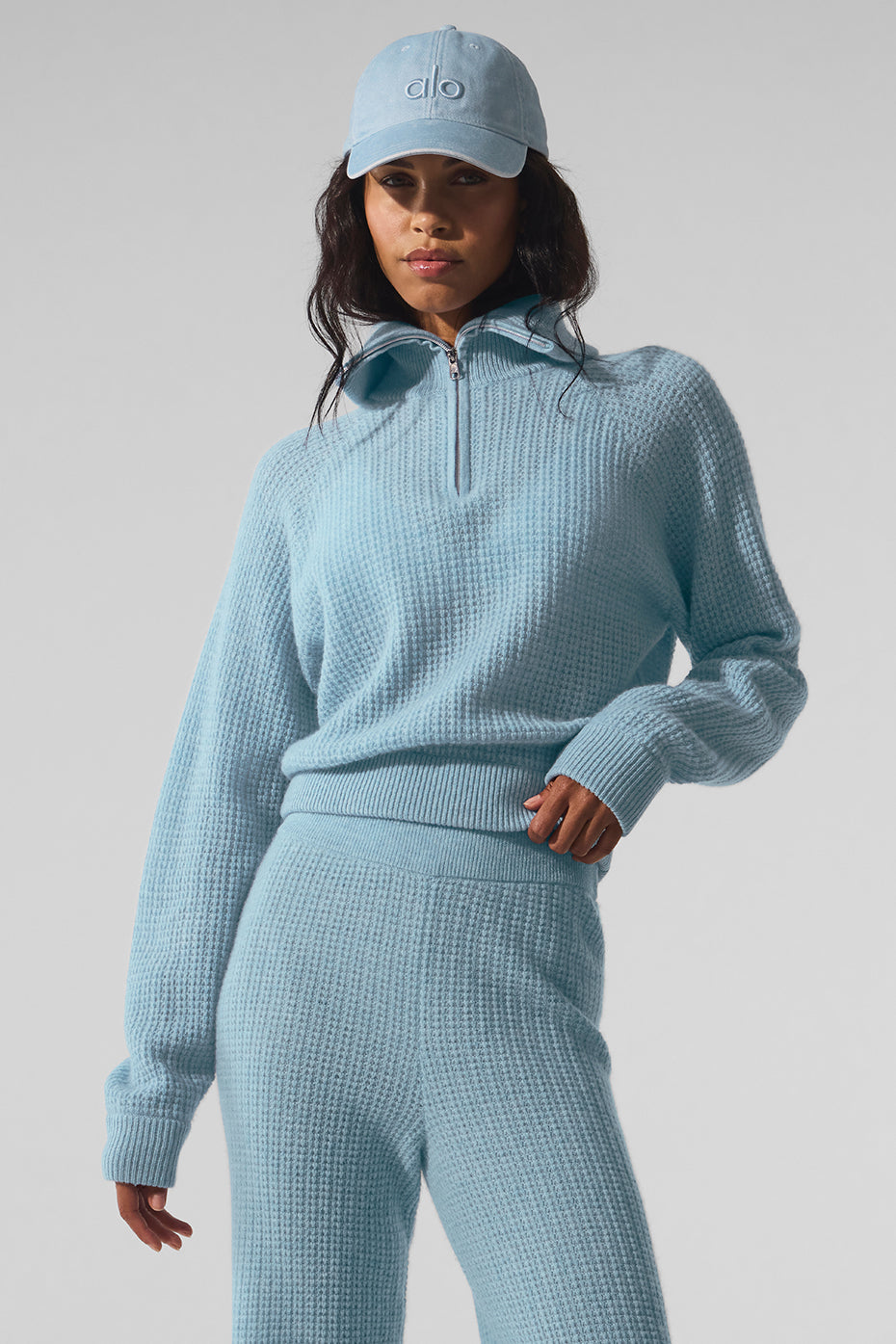 Cashmere Plush Waffle 1/4 Zip Pullover - Celestial Blue Heather--0