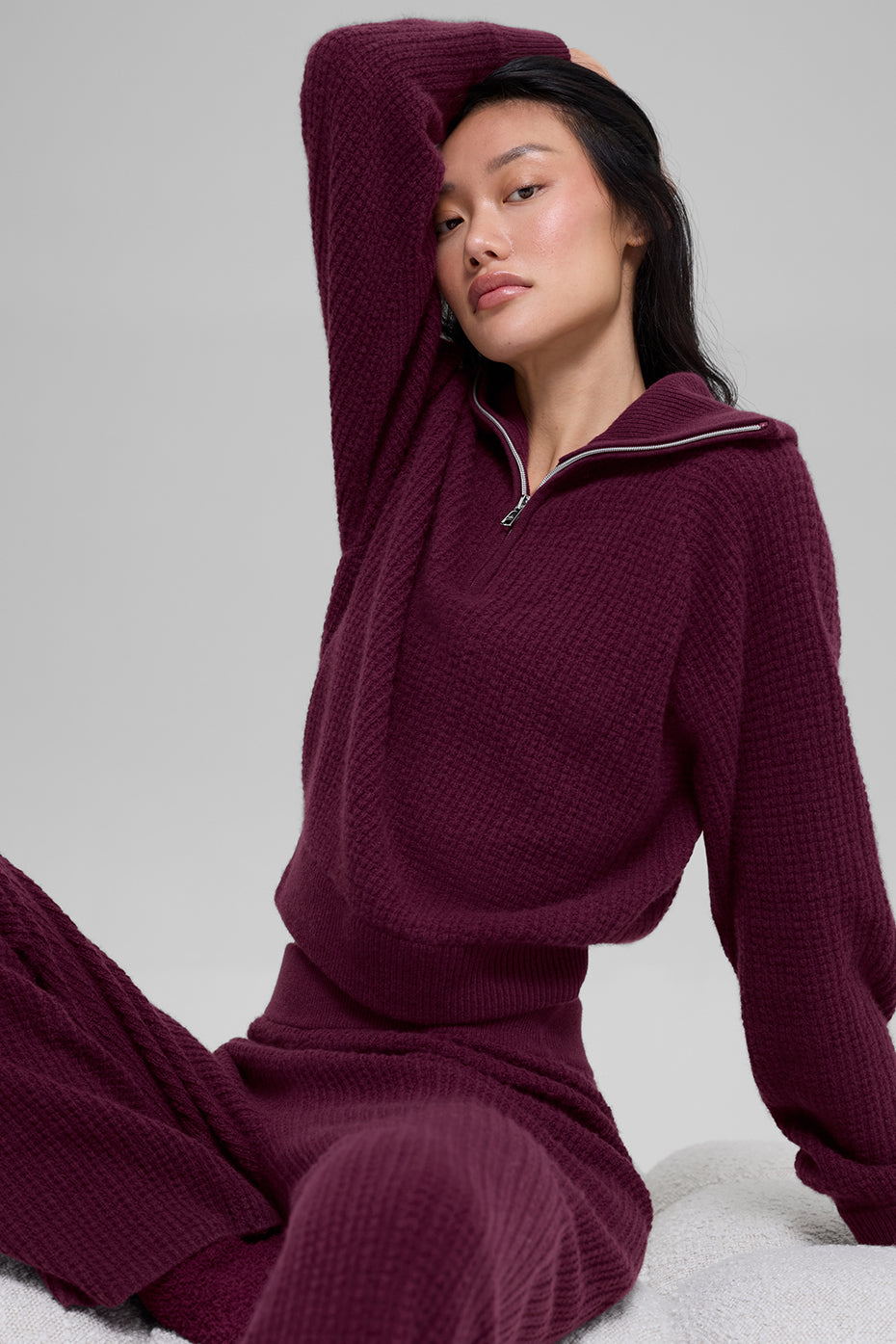 Cashmere Plush Waffle 1/4 Zip Pullover - Burgundy--0