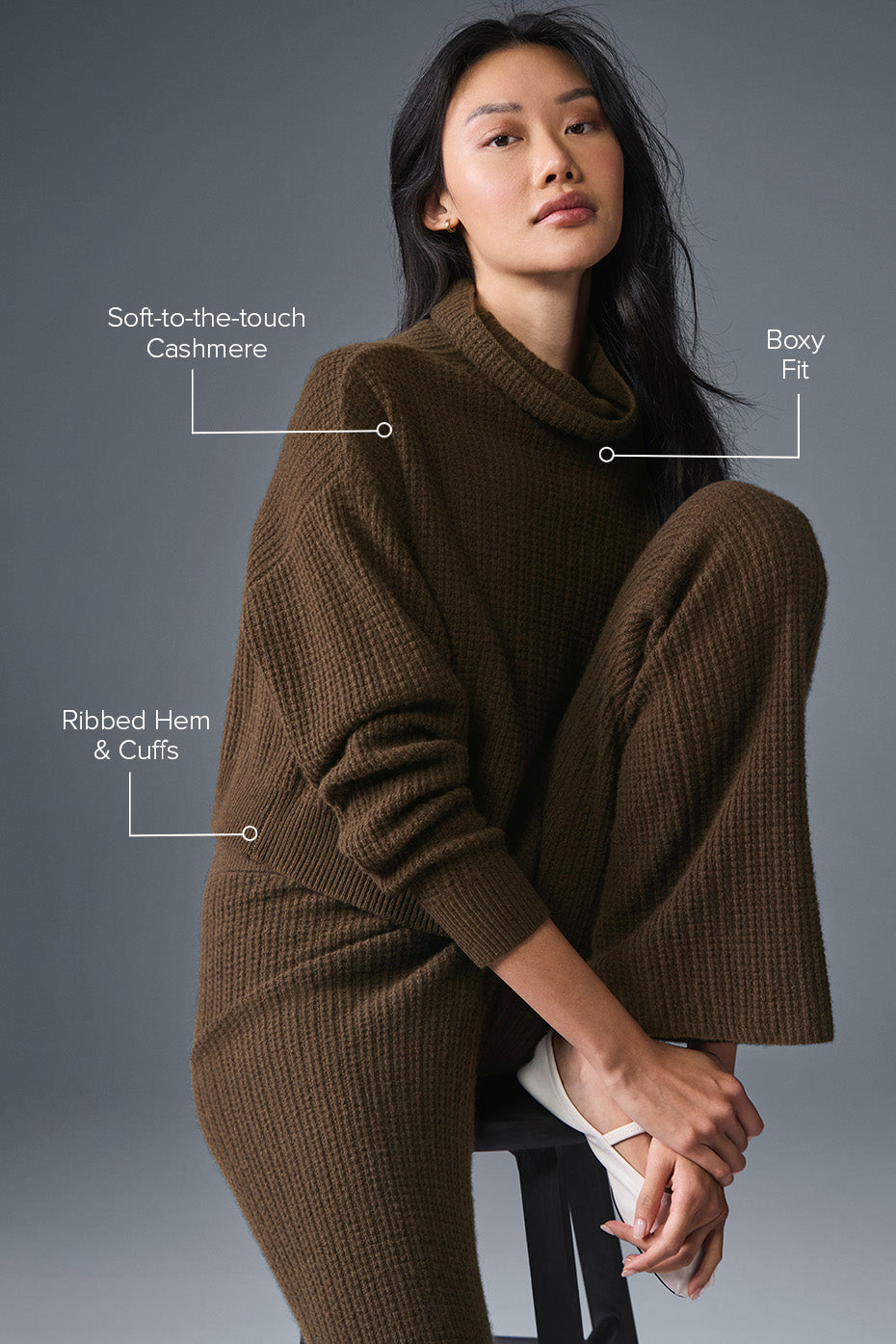 Cashmere Plush Waffle Turtleneck Pullover - Espresso--1