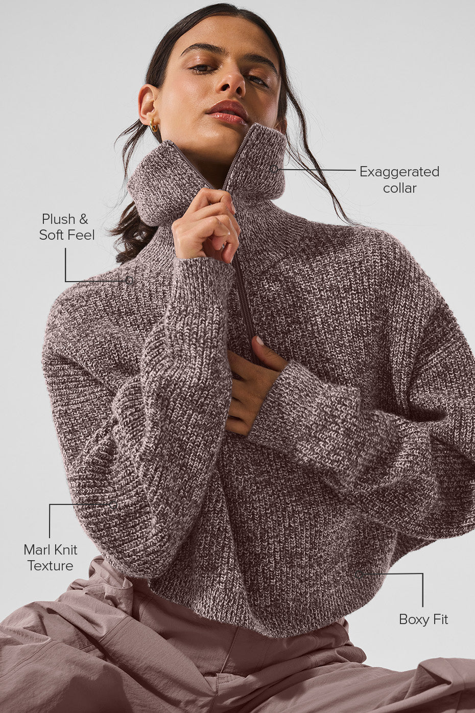 Marl Sweater 1/4 Zip Pullover - Mushroom Marl--1