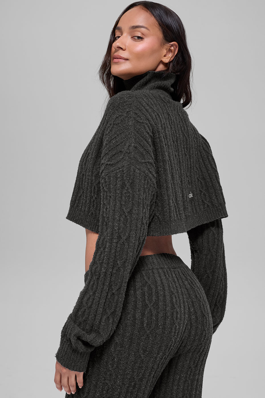 Cable Knit Cropped Winter Bliss Turtleneck Long Sleeve - Dark Heather Grey--2