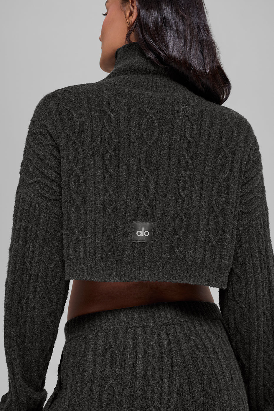 Cable Knit Cropped Winter Bliss Turtleneck Long Sleeve - Dark Heather Grey--5