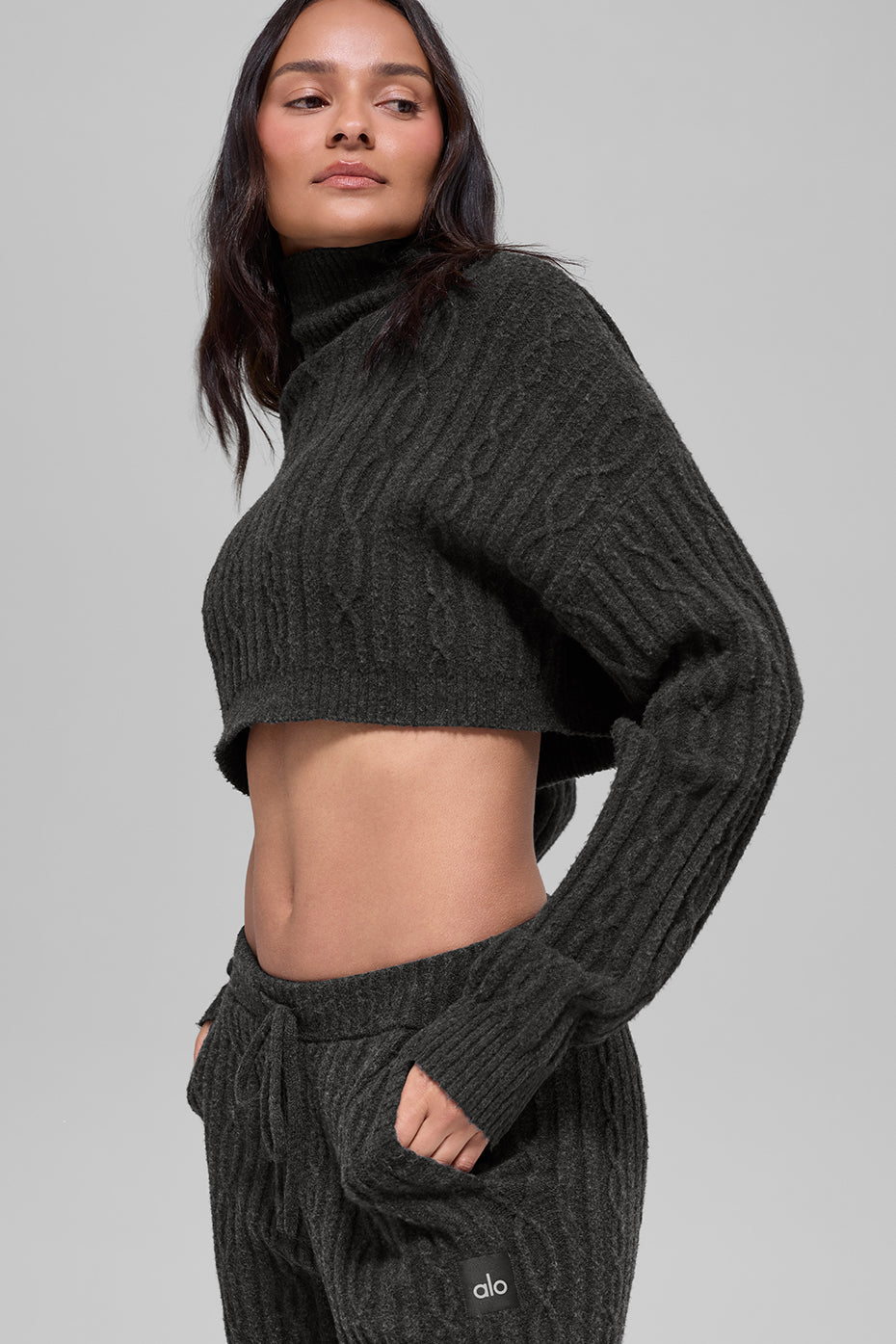 Cable Knit Cropped Winter Bliss Turtleneck Long Sleeve - Dark Heather Grey--3
