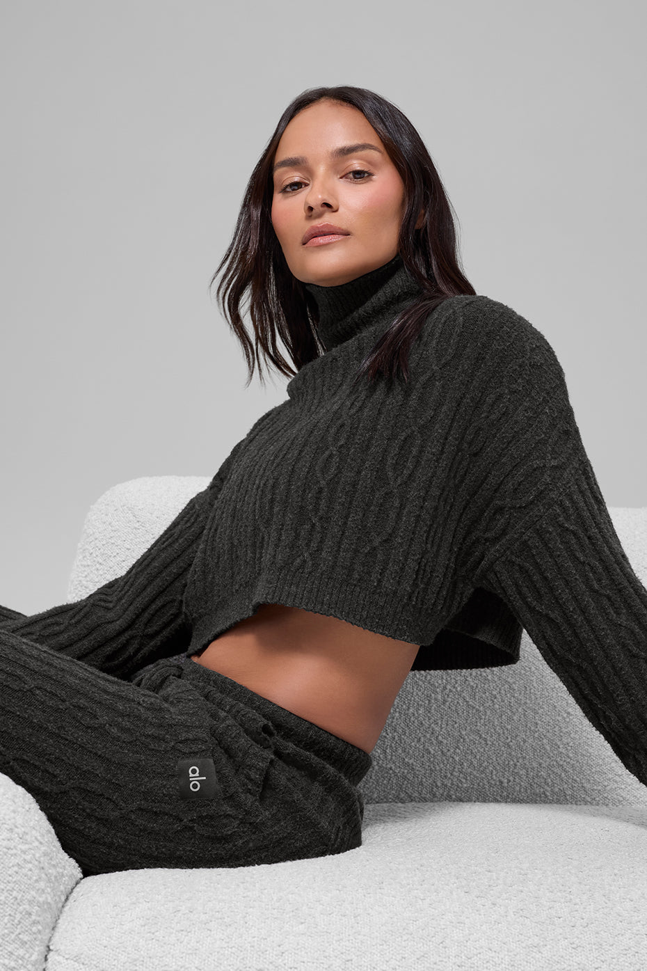 Cable Knit Cropped Winter Bliss Turtleneck Long Sleeve - Dark Heather Grey--4