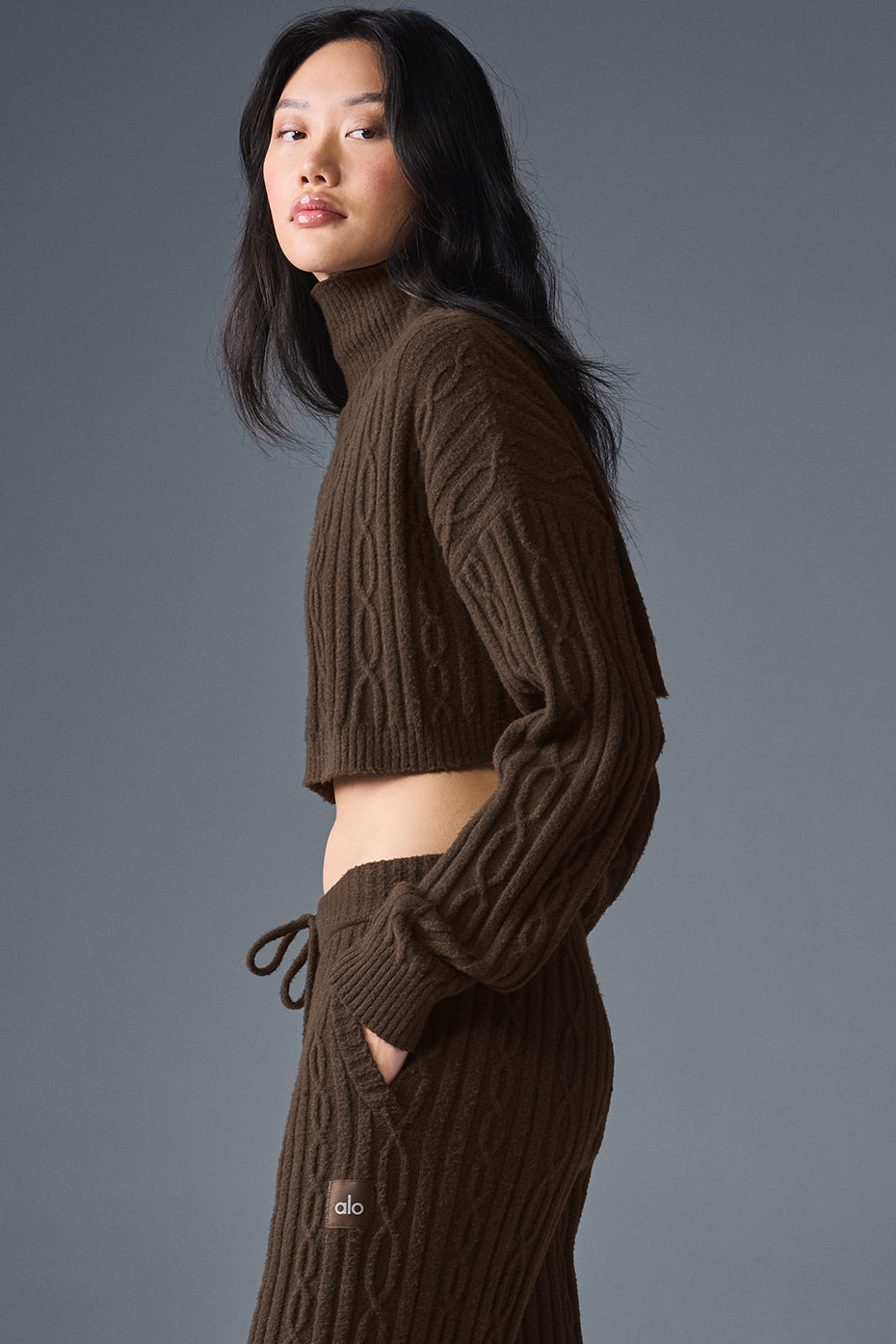Cable Knit Cropped Winter Bliss Turtleneck Long Sleeve - Espresso--4