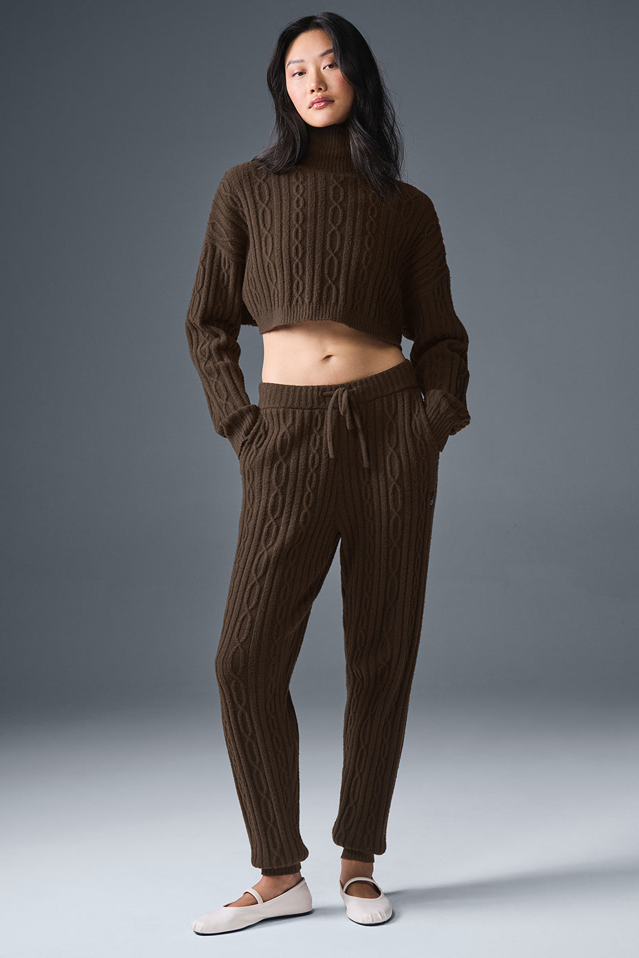 Cable Knit Cropped Winter Bliss Turtleneck Long Sleeve - Espresso--2