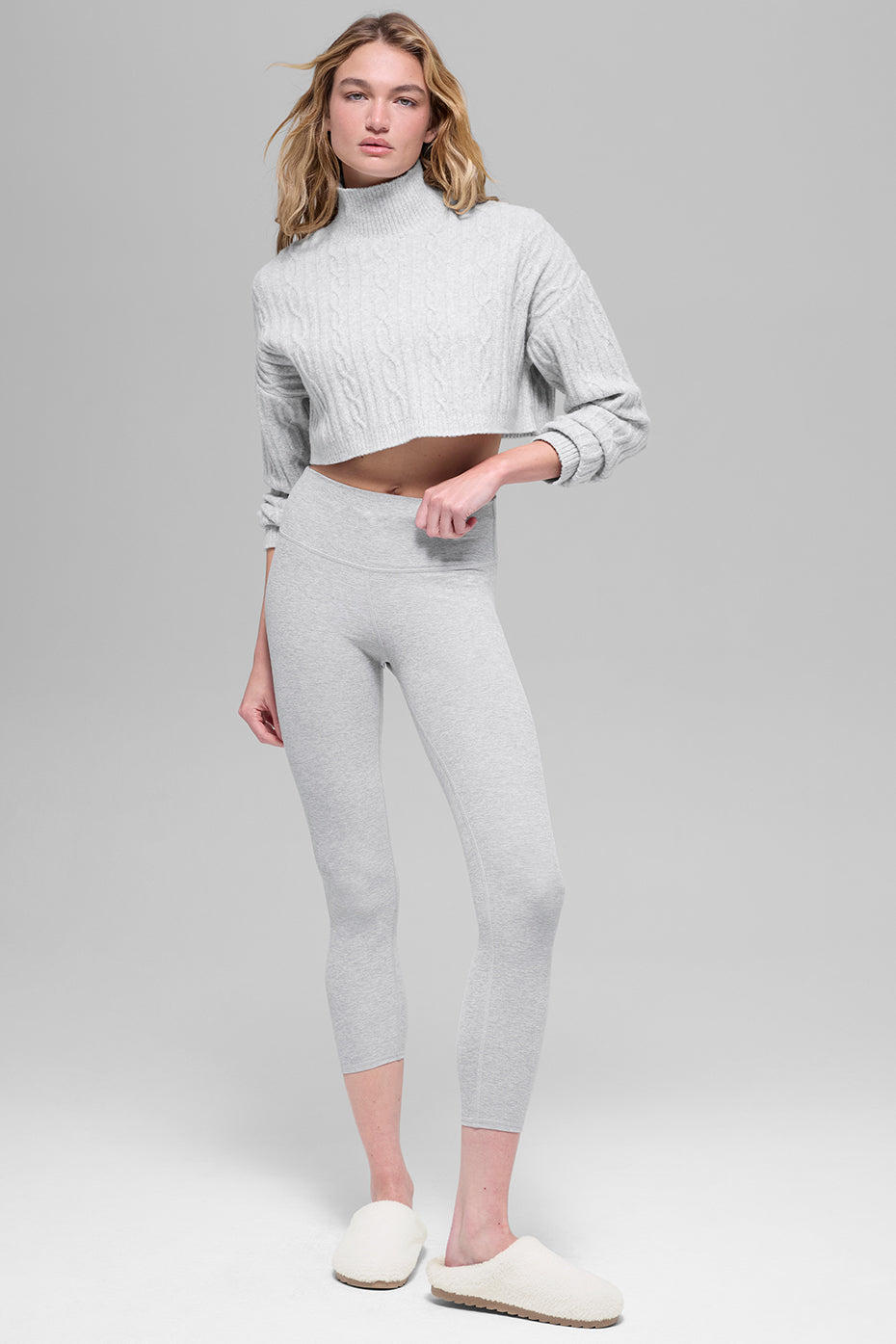Cable Knit Cropped Winter Bliss Turtleneck Long Sleeve - Athletic Heather Grey--4