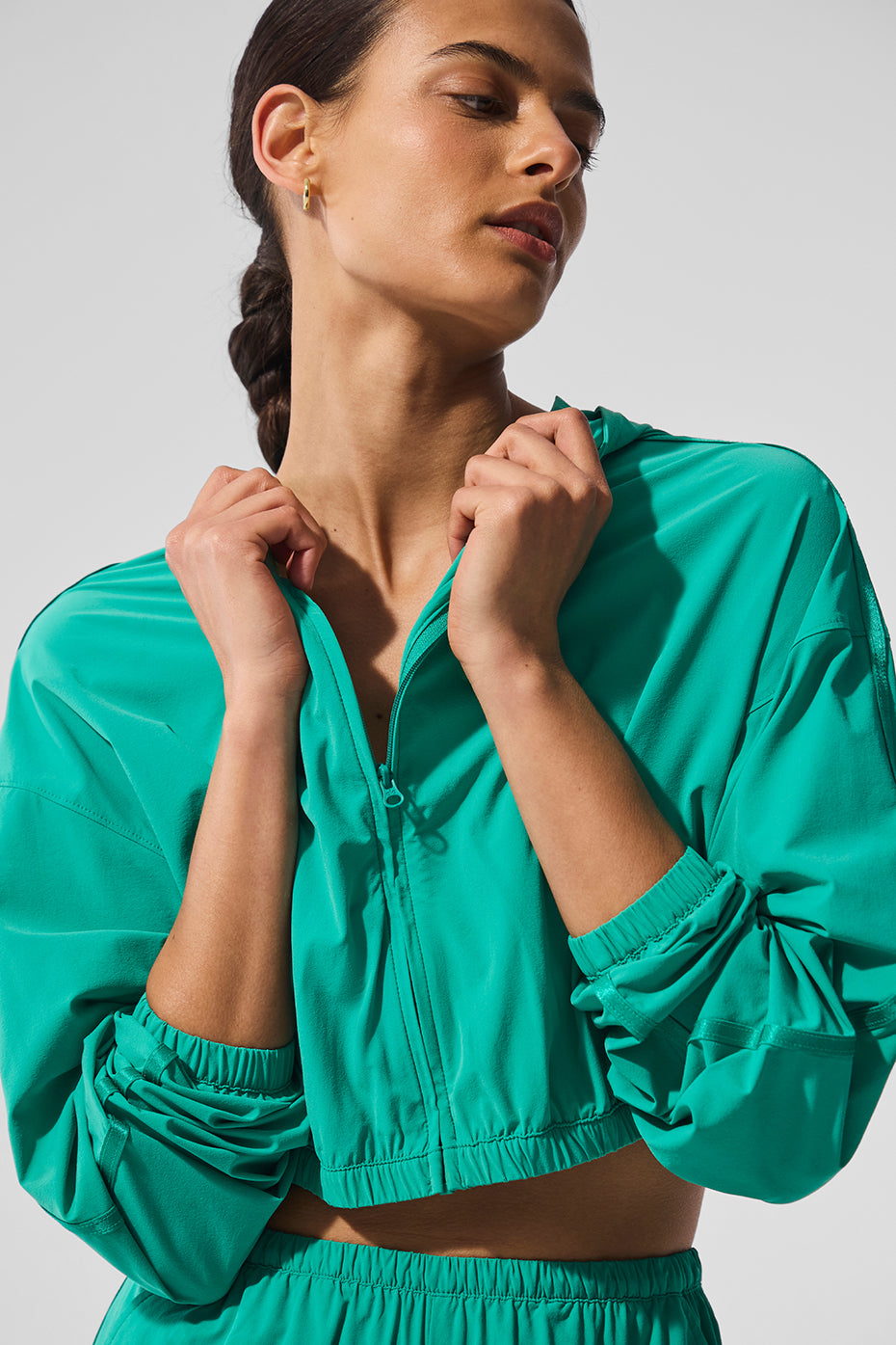 Cropped Breezy Full-Zip Hoodie - Spruce Green--3