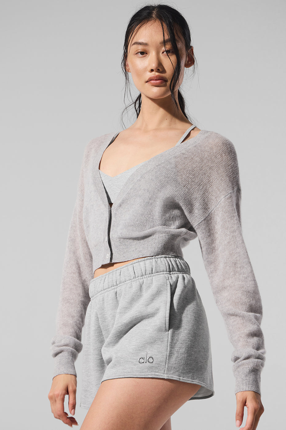 Sheer Cashmere Cropped Cardigan - Athletic Heather Grey--4