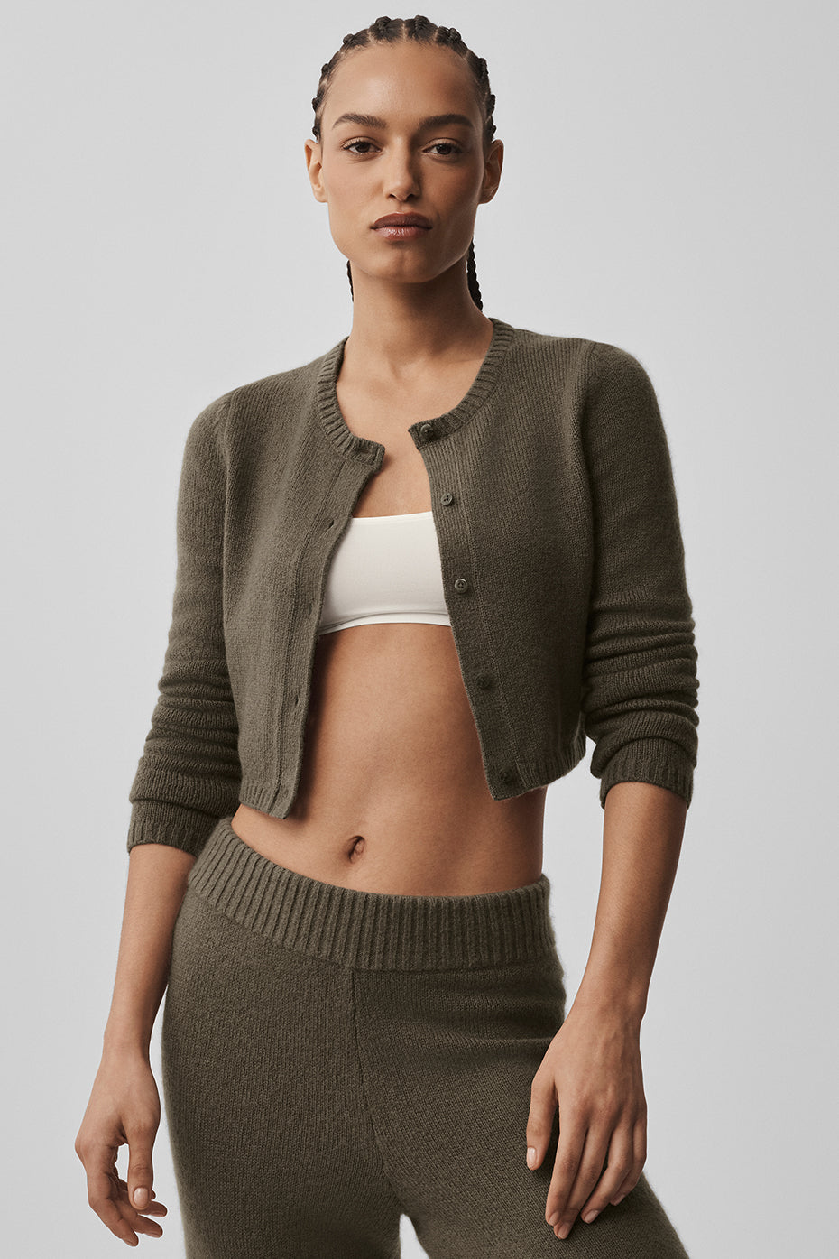 Wool Cashmere New Class Cropped Cardigan - Olive Tree--0
