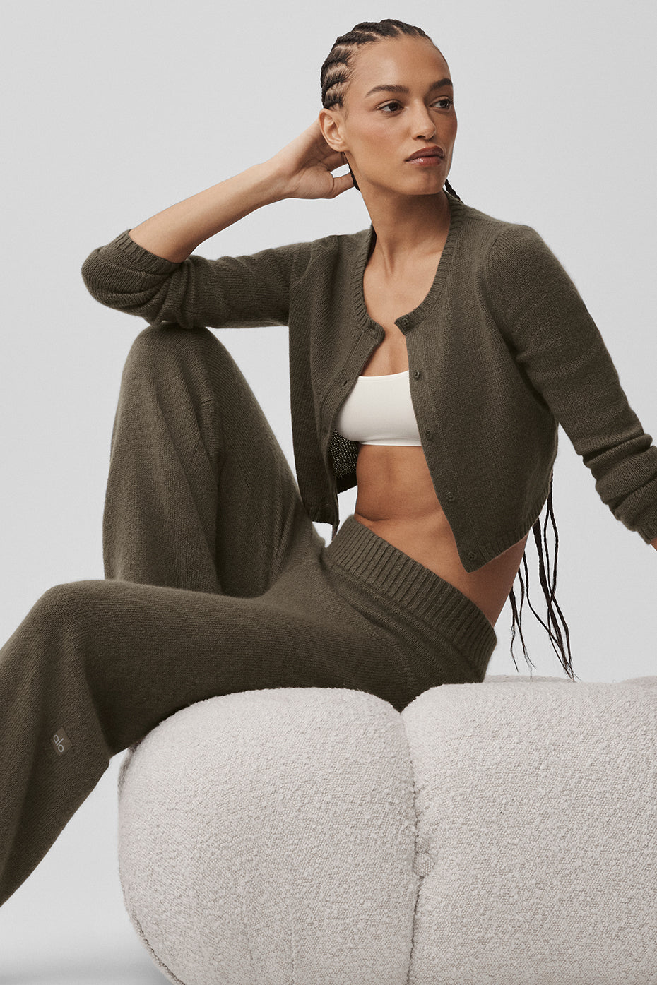 Wool Cashmere New Class Cropped Cardigan - Olive Tree--2