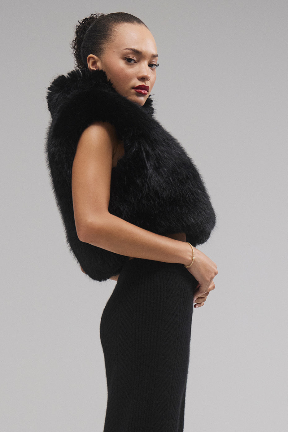 Opulent Faux Fur Cropped Vest - Black--2