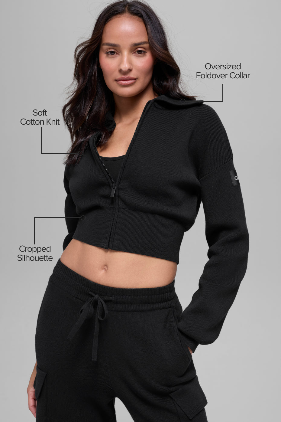 Scholar Knit Cropped Full Zip Jacket - Black--1