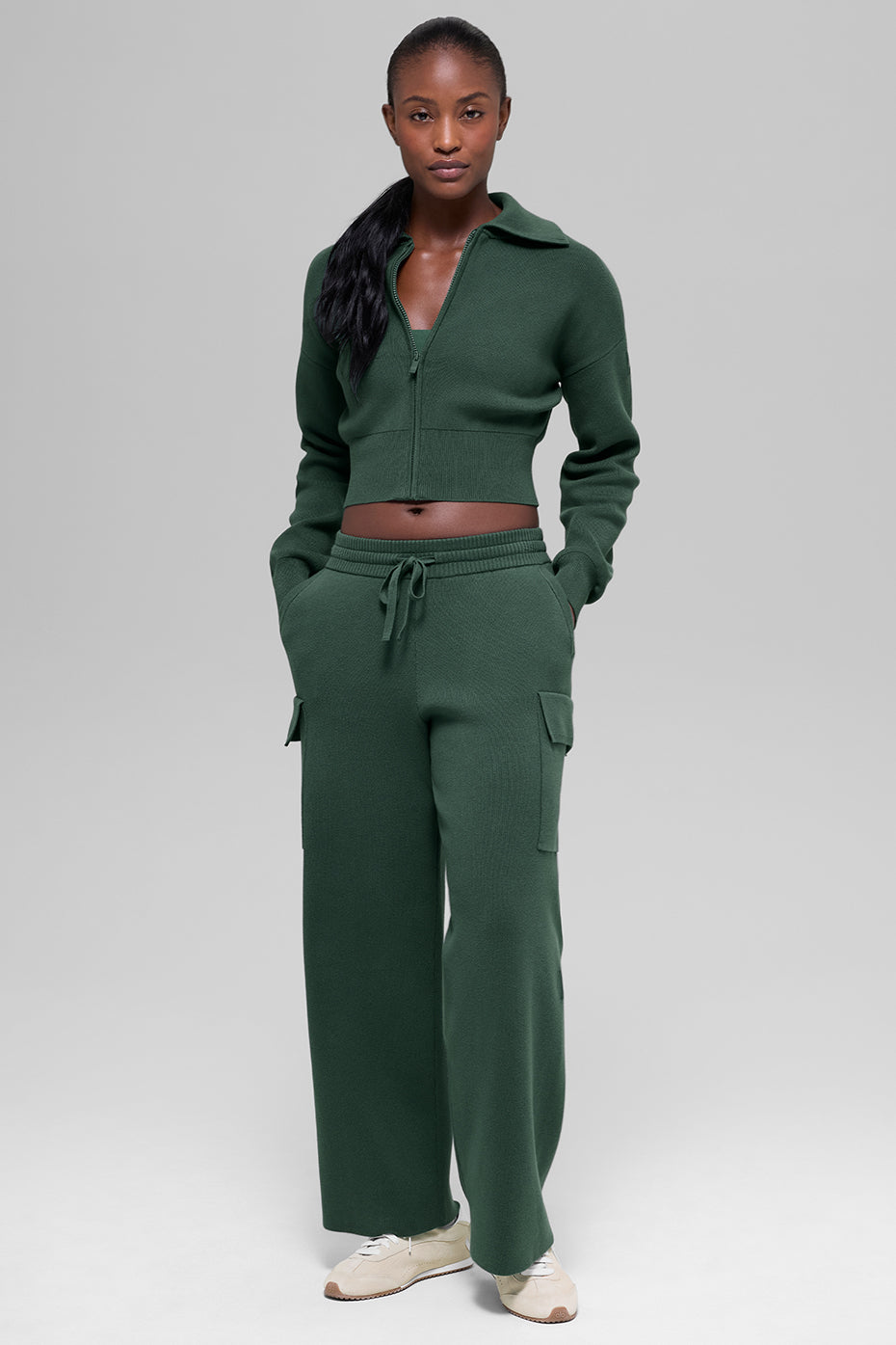 Scholar Knit Cropped Full Zip Jacket - Clover Green--3
