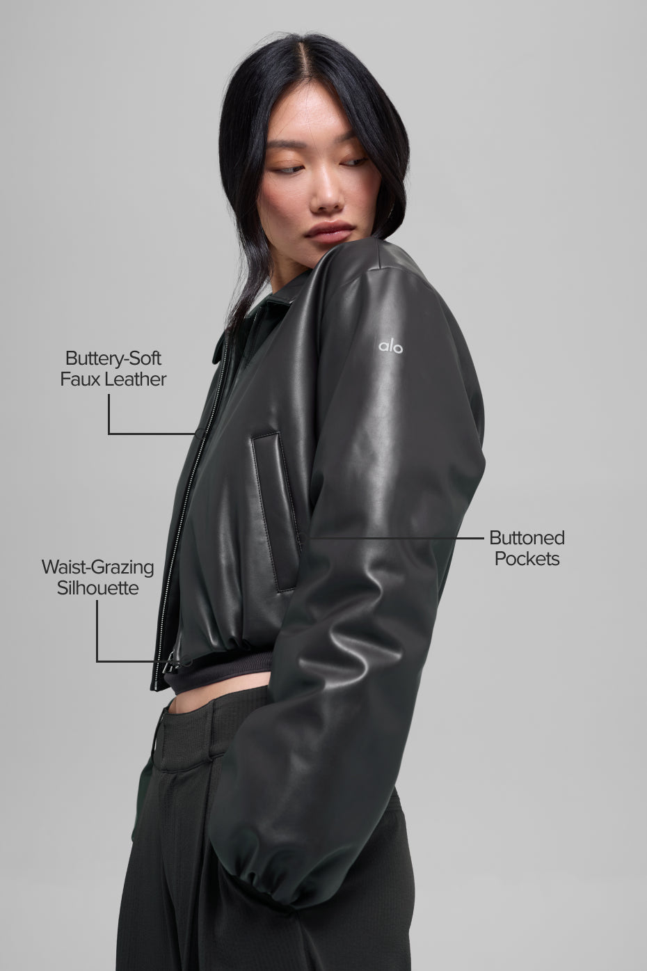 Faux Leather Cropped Premier Bomber - Black--1
