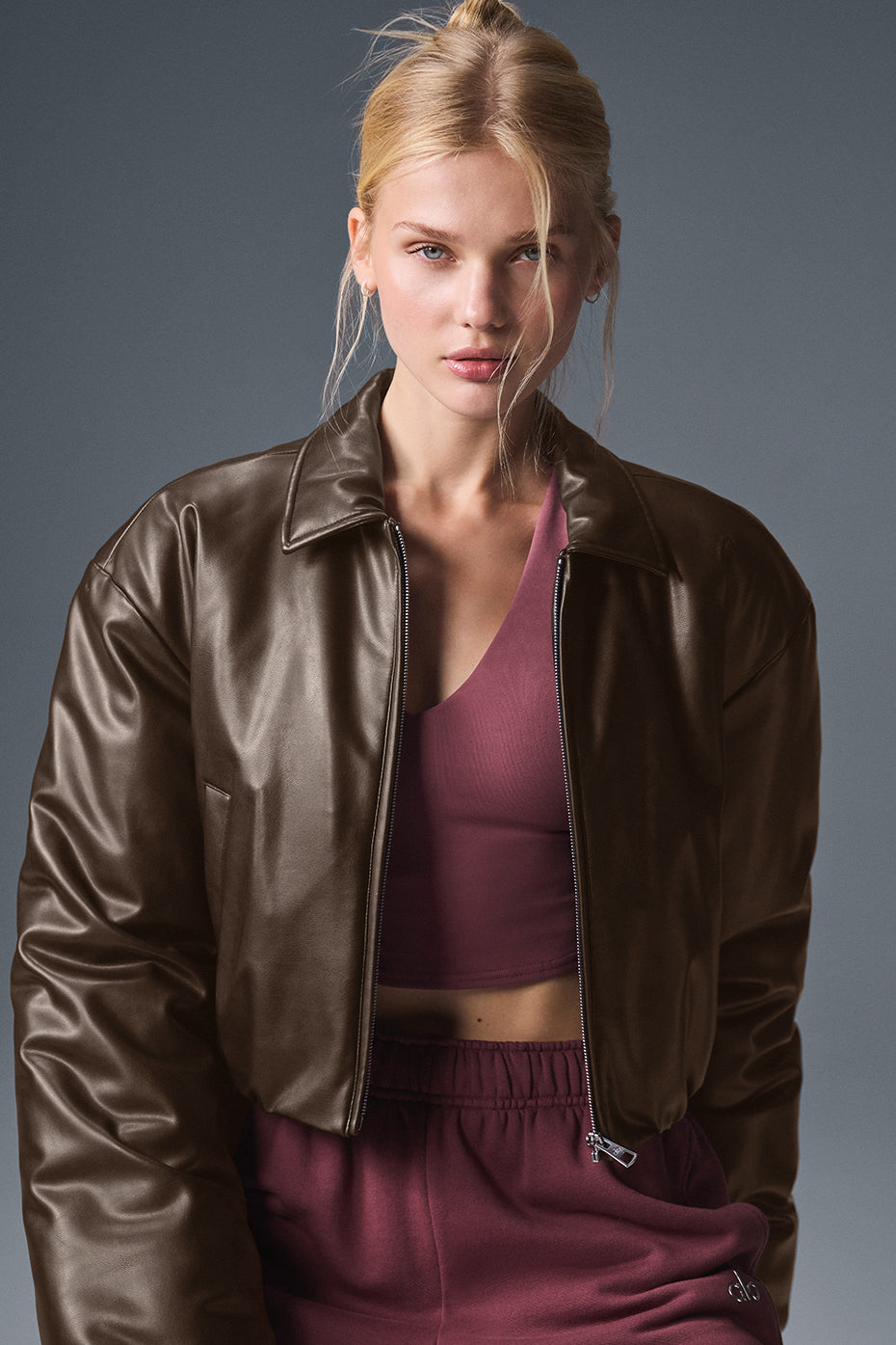 Faux Leather Cropped Premier Bomber - Espresso--5