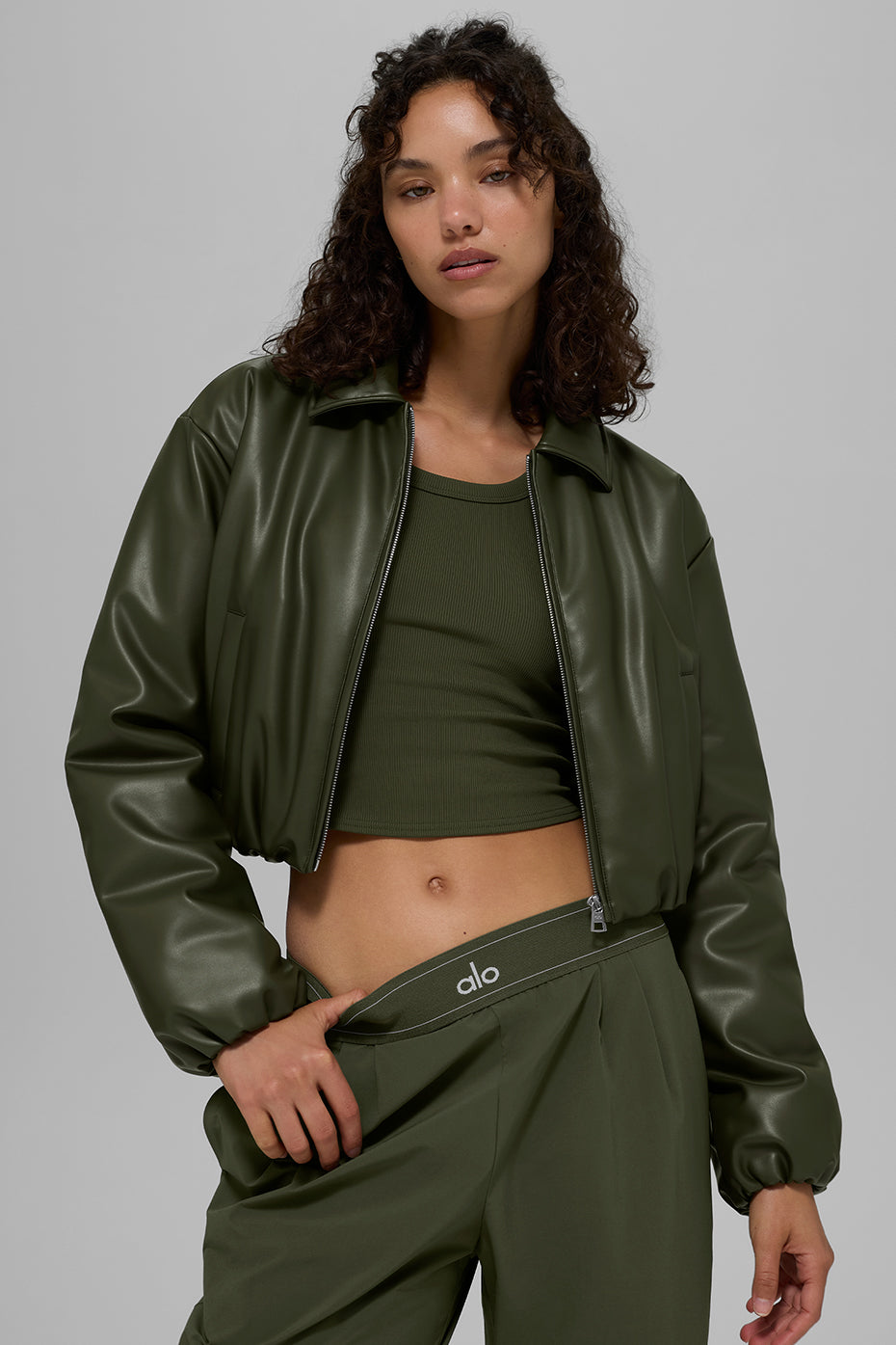 Faux Leather Cropped Premier Bomber - Green Olive--1