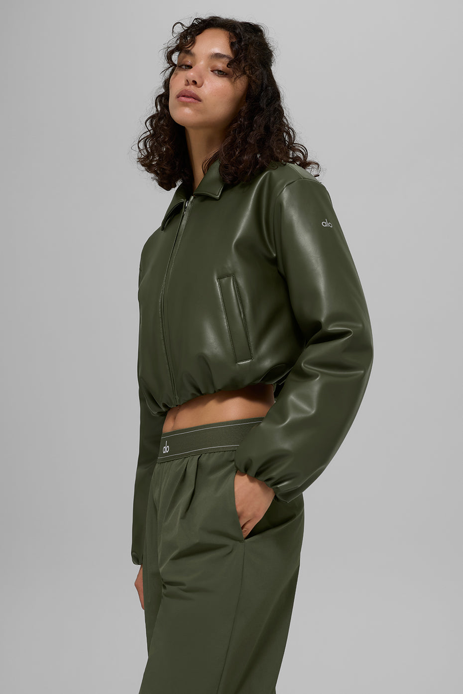 Faux Leather Cropped Premier Bomber - Green Olive--4