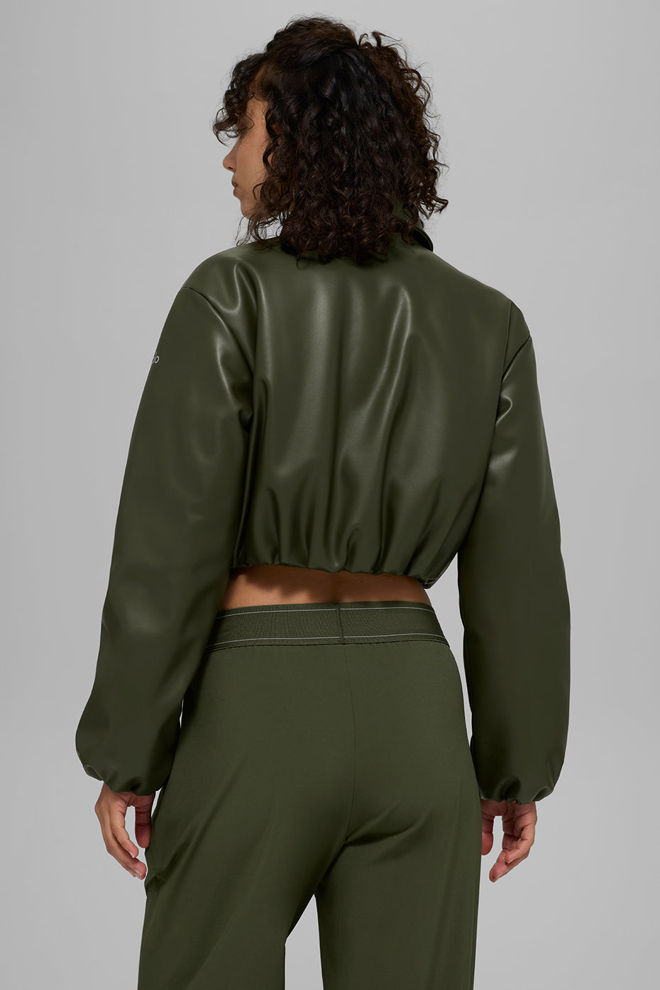 Faux Leather Cropped Premier Bomber - Green Olive--3