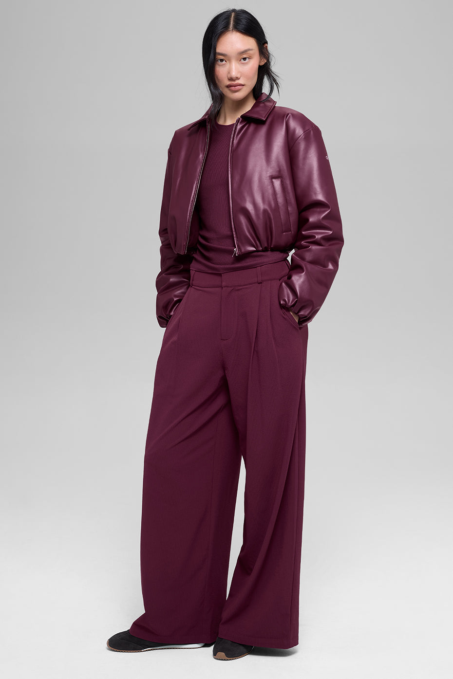 Faux Leather Cropped Premier Bomber - Burgundy--5