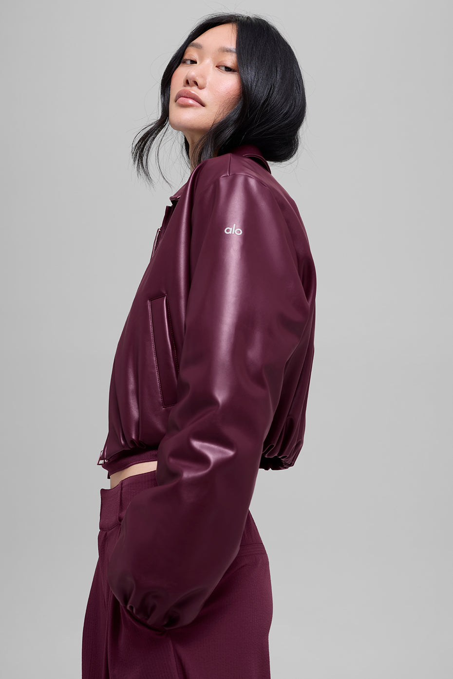 Faux Leather Cropped Premier Bomber - Burgundy--4