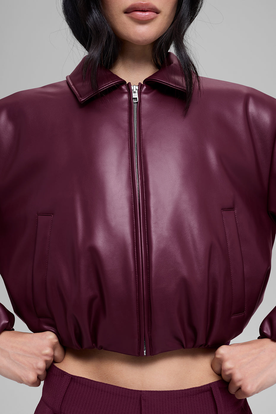 Faux Leather Cropped Premier Bomber - Burgundy--1