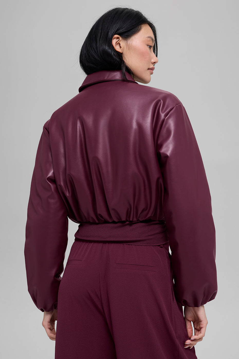 Faux Leather Cropped Premier Bomber - Burgundy--2