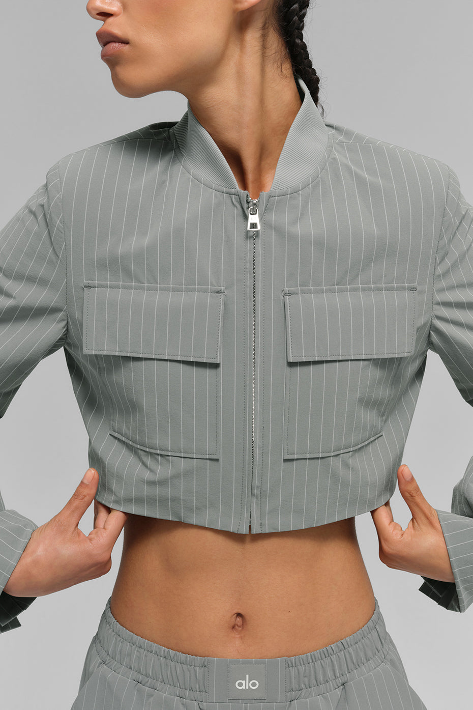Cropped Pinstripe Main Character Full Zip Jacket - Lunar Grey/White--1