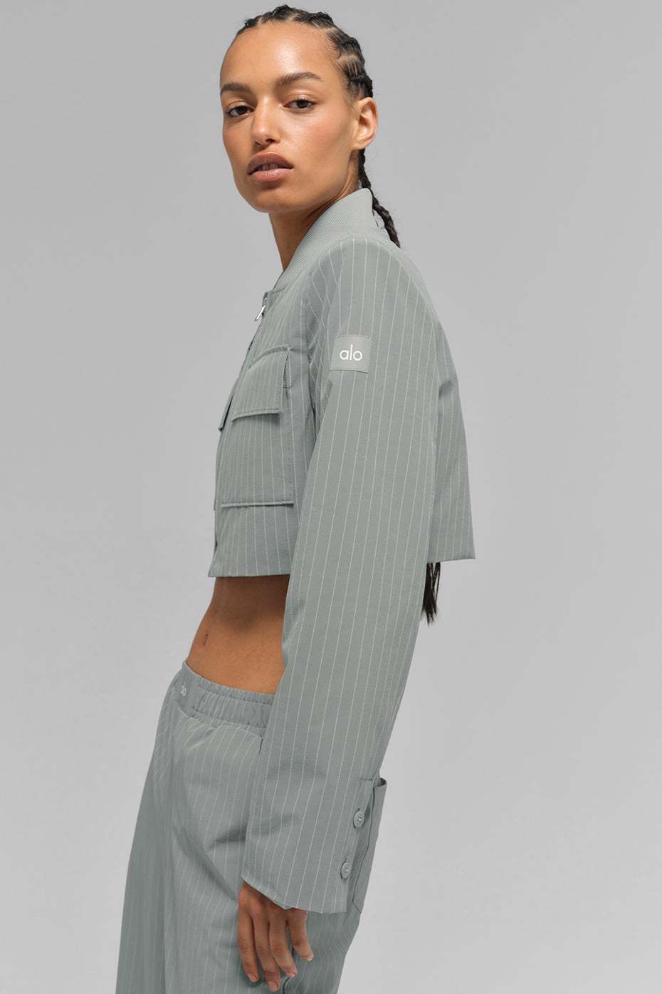 Cropped Pinstripe Main Character Full Zip Jacket - Lunar Grey/White--4