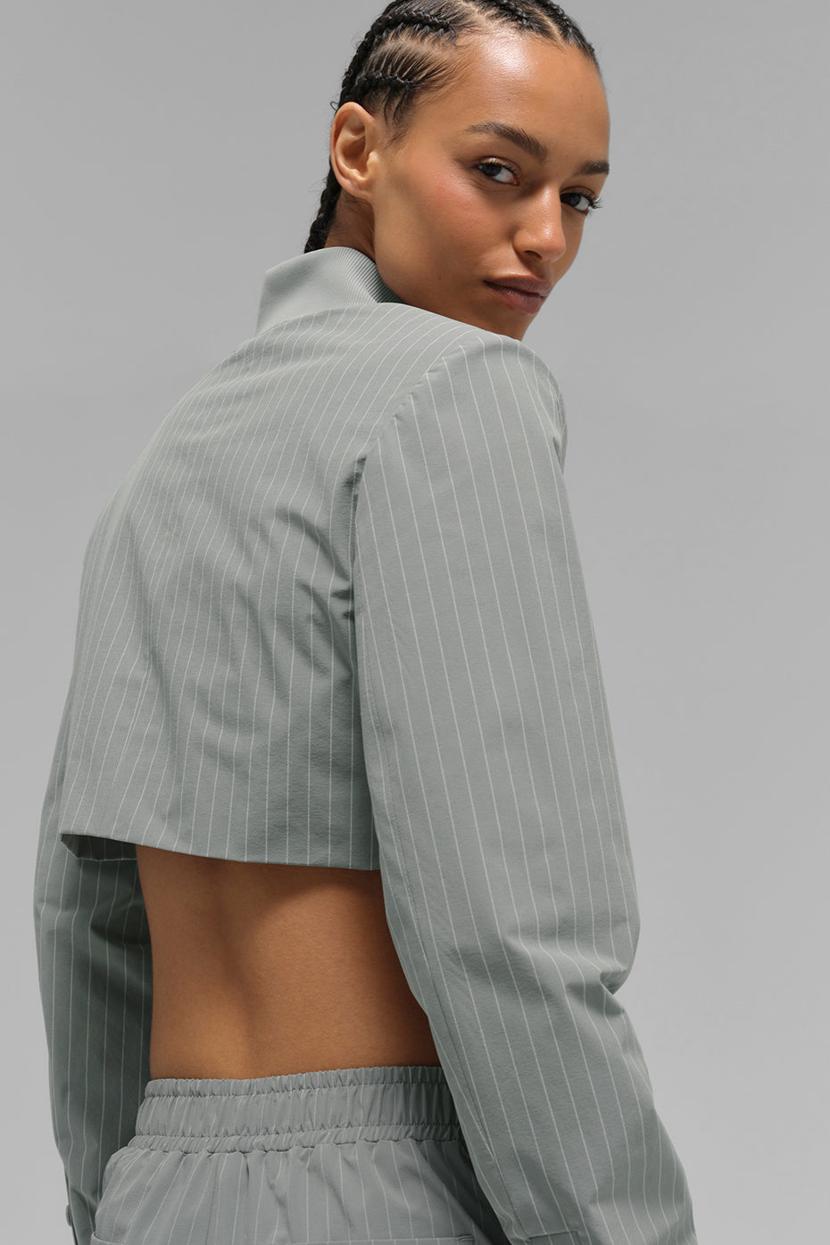 Cropped Pinstripe Main Character Full Zip Jacket - Lunar Grey/White--3
