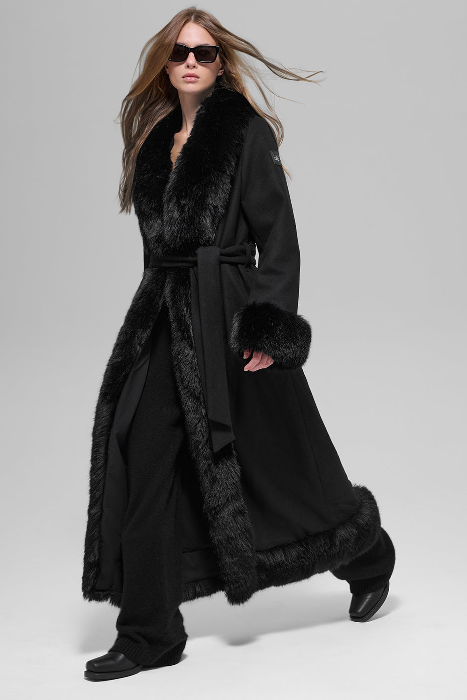 Faux Fur Trimmed Longline Coat - Black--0