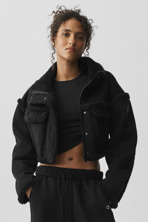 Faux Shearling Snowfall Cropped Jacket - Black