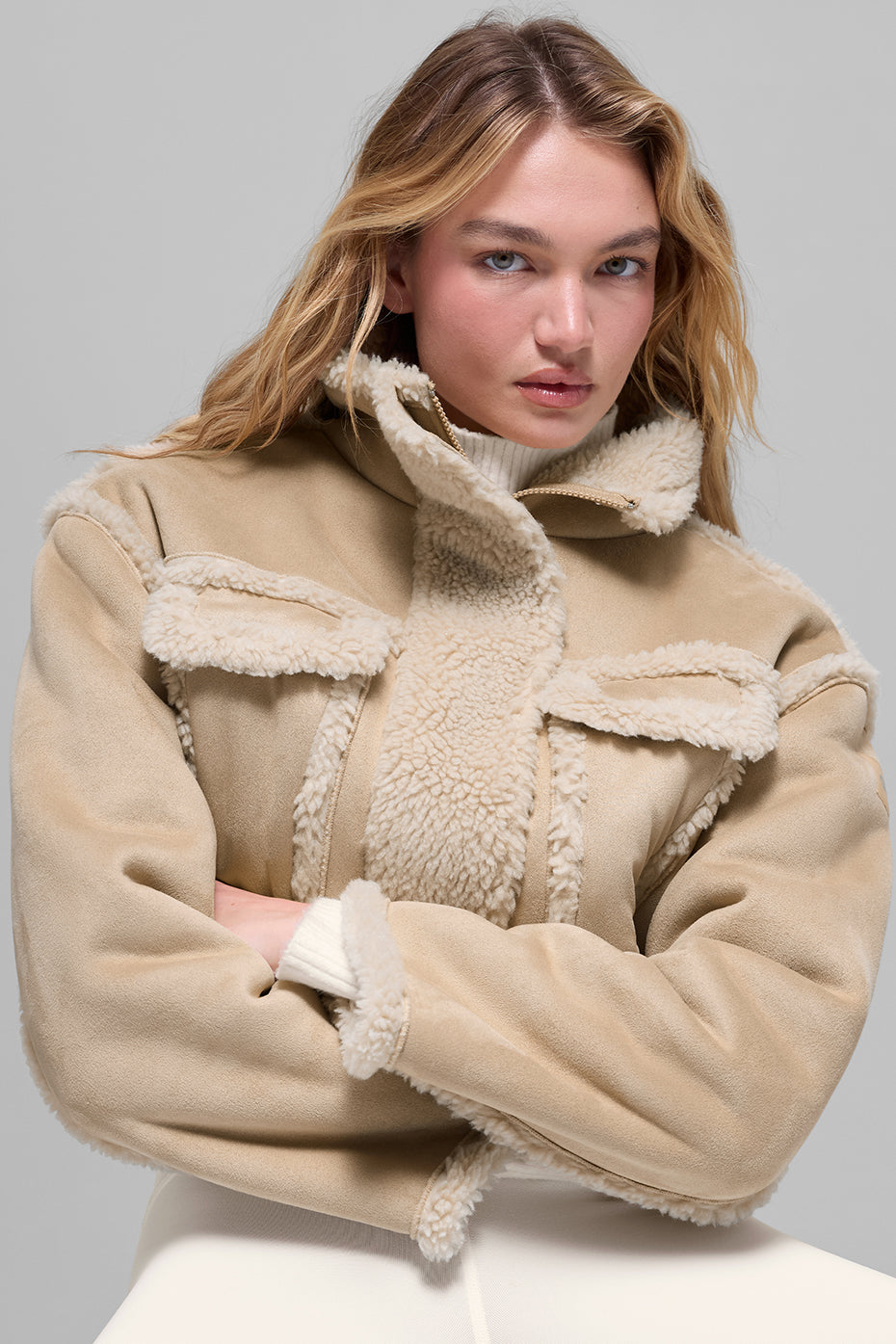 Faux Shearling Snowfall Cropped Jacket - Woodland Tan--3
