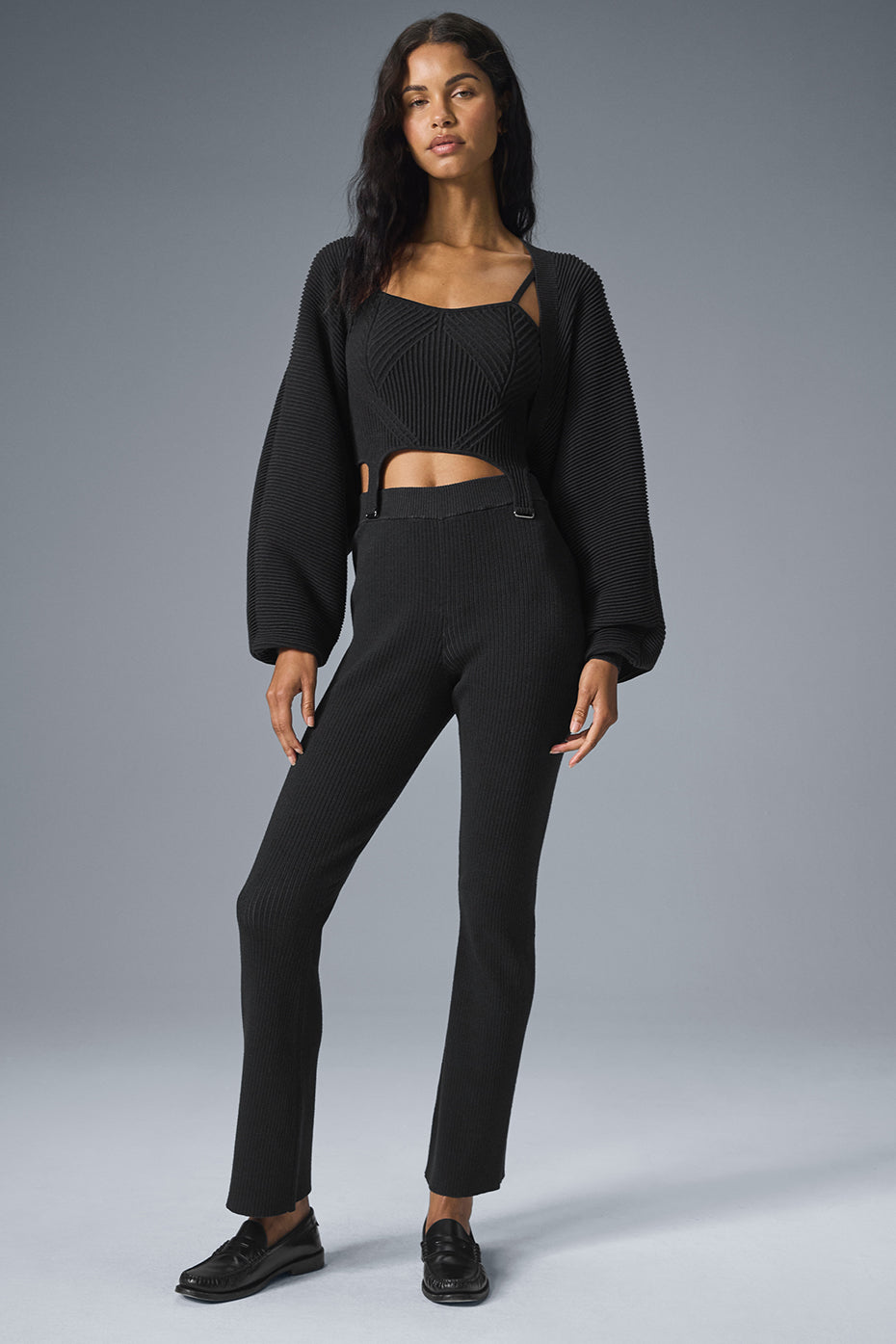 Denim Knit High-Waist Flare Pant - Black/Anthracite--4