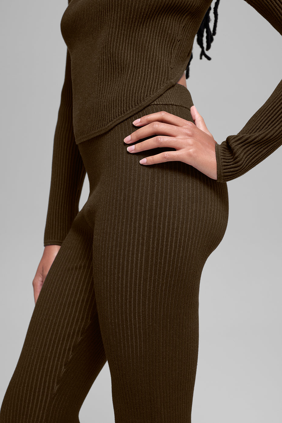 Denim Knit High-Waist Flare Pant - Espresso/Black--4
