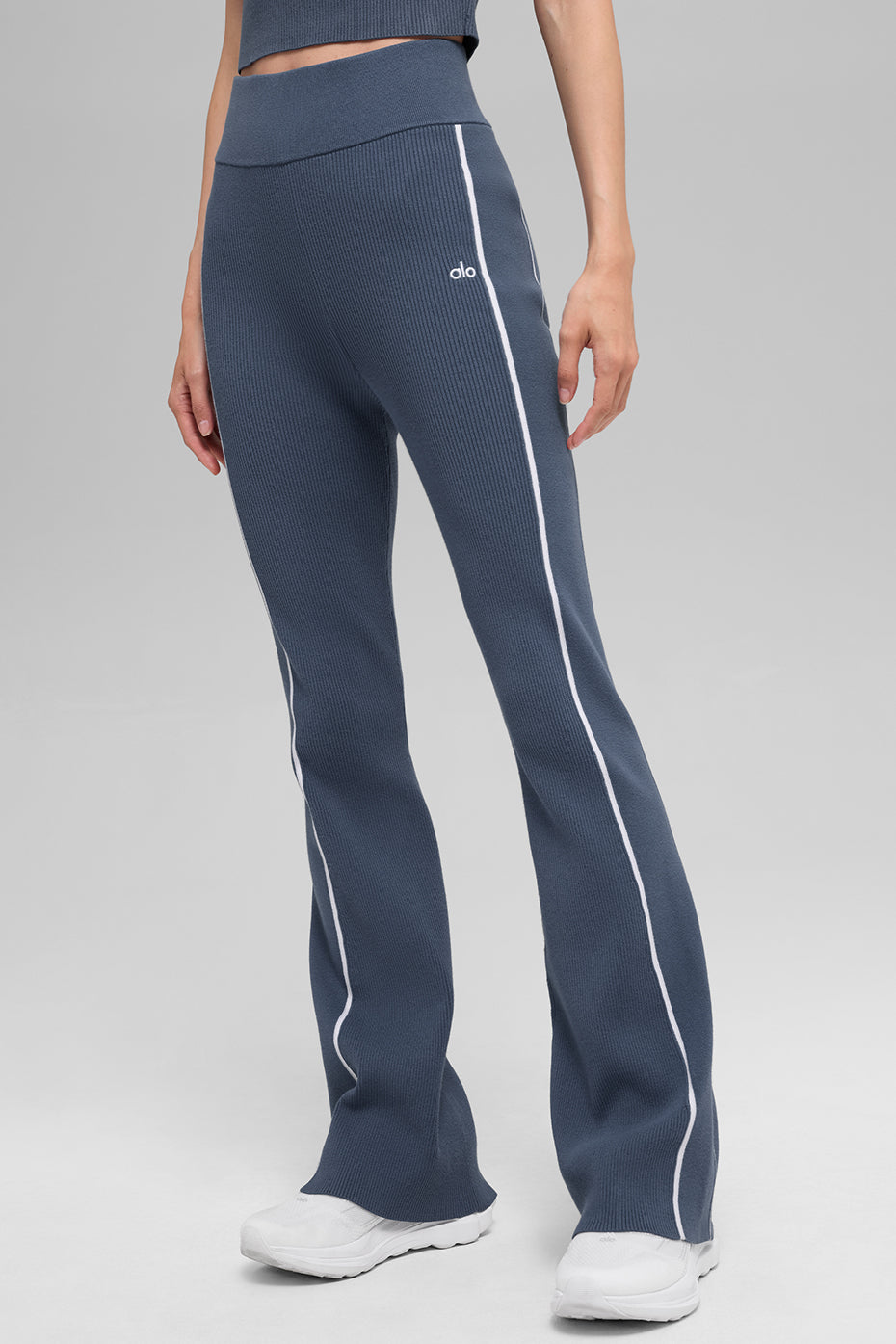 Ribbed Sweater Knit Highline Flare Pant - Bluestone/White--2