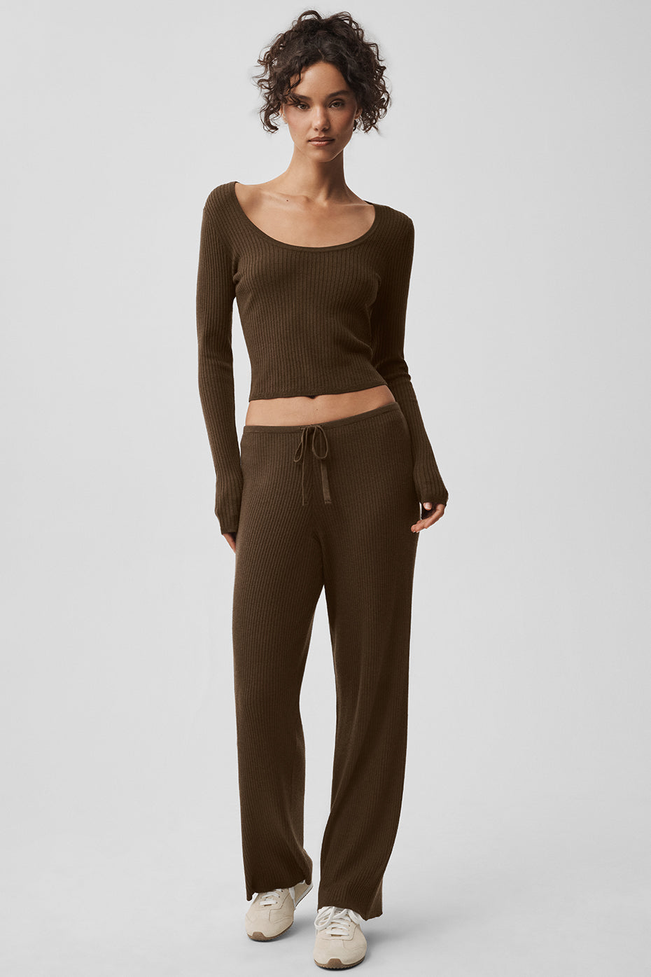 Sweater Knit Mid-Rise Unwind Wide Leg Pant - Espresso--0