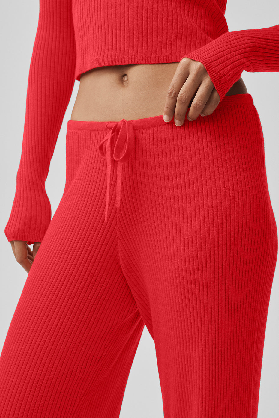 Sweater Knit Mid-Rise Unwind Wide Leg Pant - Bright Red--2