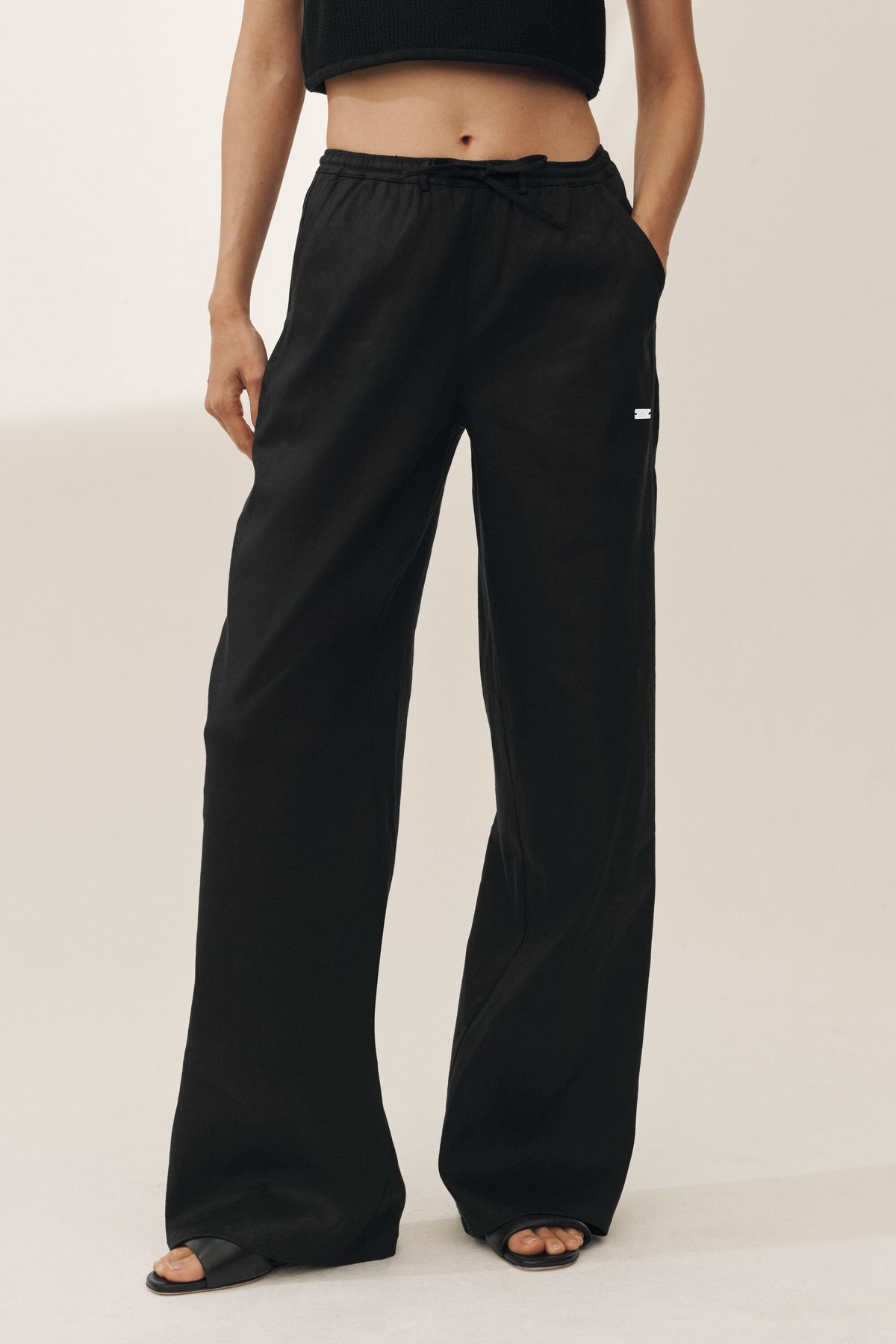 Linen Blend Riviera Wide Leg Pant - Black--1