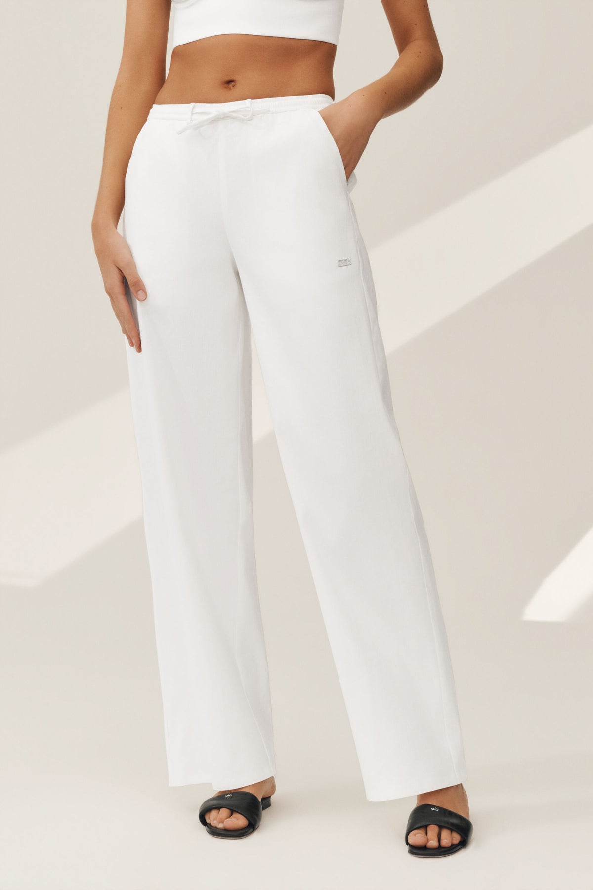 Linen Blend Riviera Wide Leg Pant - White--4