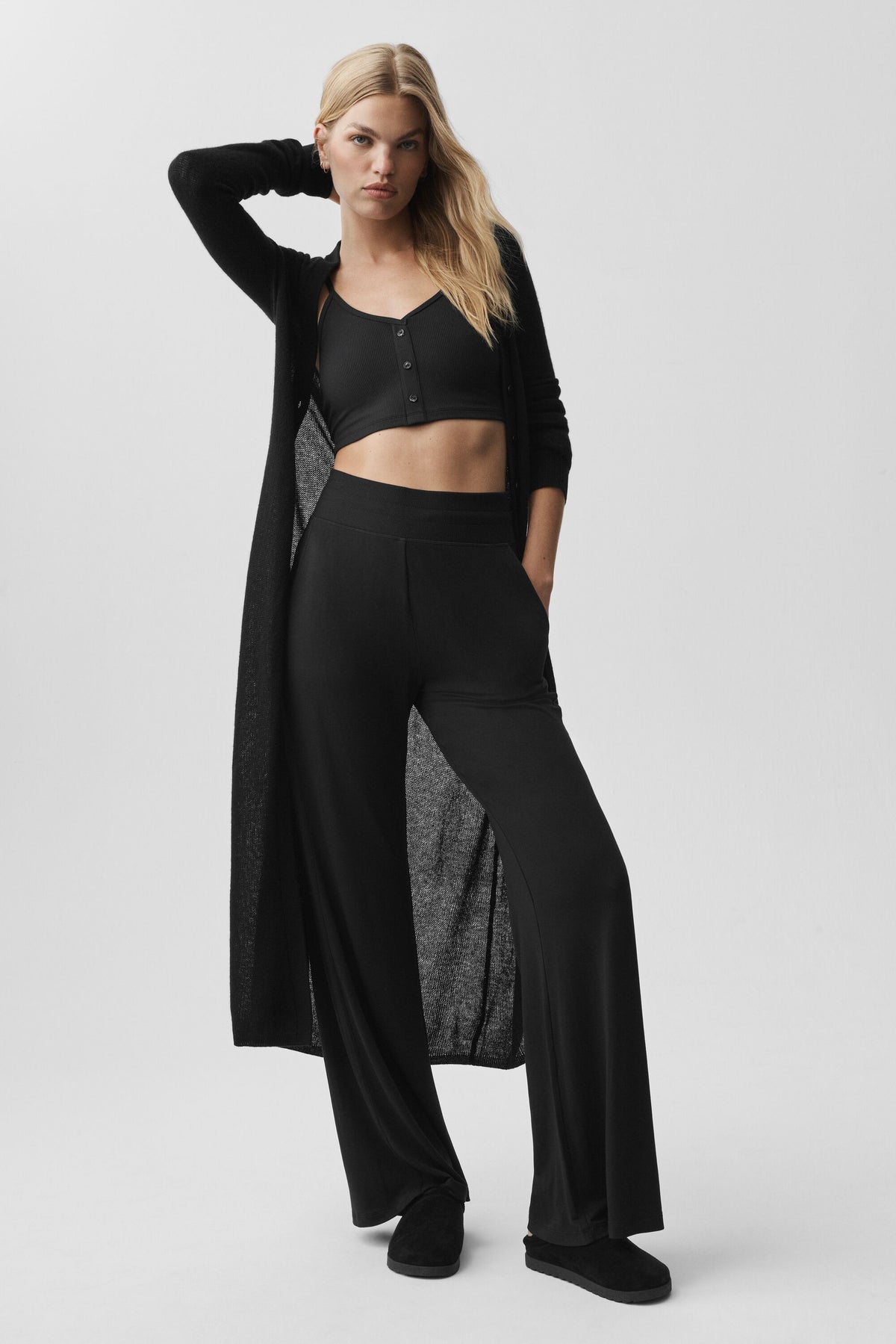 Semi-Sheer Delicate Lounge Flare Pant (Long) - Black--4