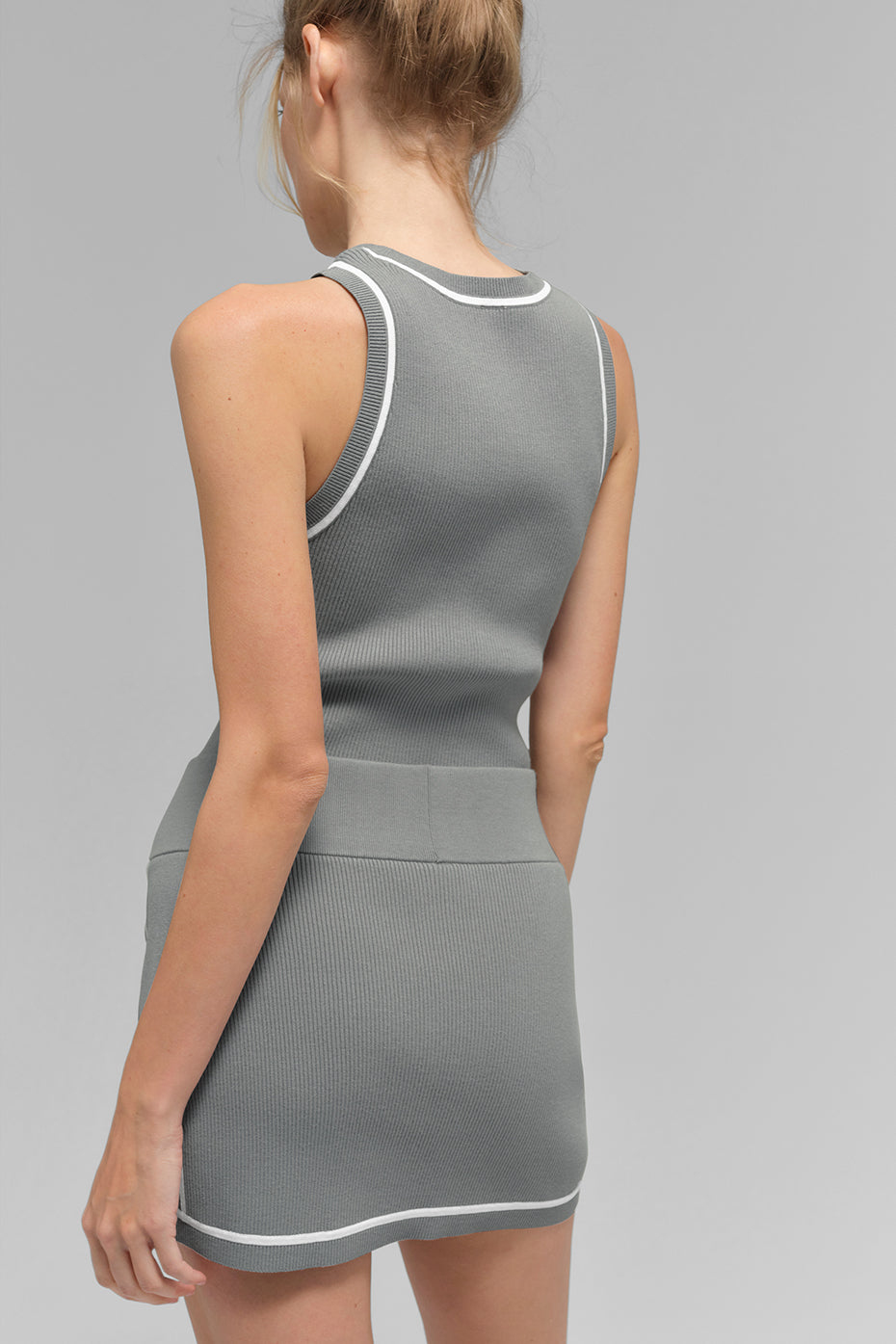 Ribbed Sweater Knit Highline Mini Skirt - Lunar Grey/White--2